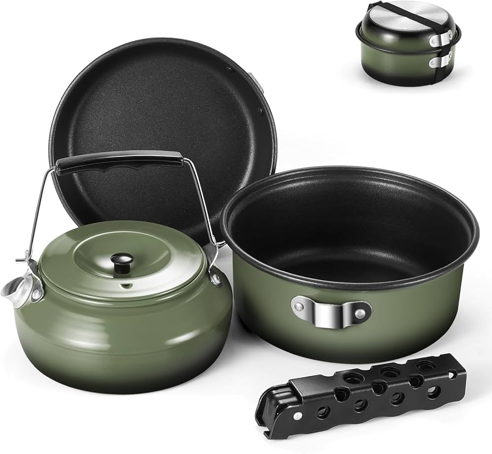 Odoland 5pcs Camping Cookware Non-Stick Camping Pot and Pan Set with Kettle and Removable Handle ... | Amazon (US)