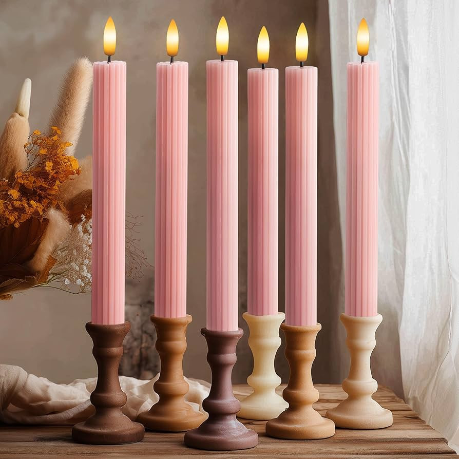 6 Pack, 10" LED Flameless Dusty Rose Fluted Ribbed Grooved Taper Candles, Remote & 24h Timer Memo... | Amazon (US)
