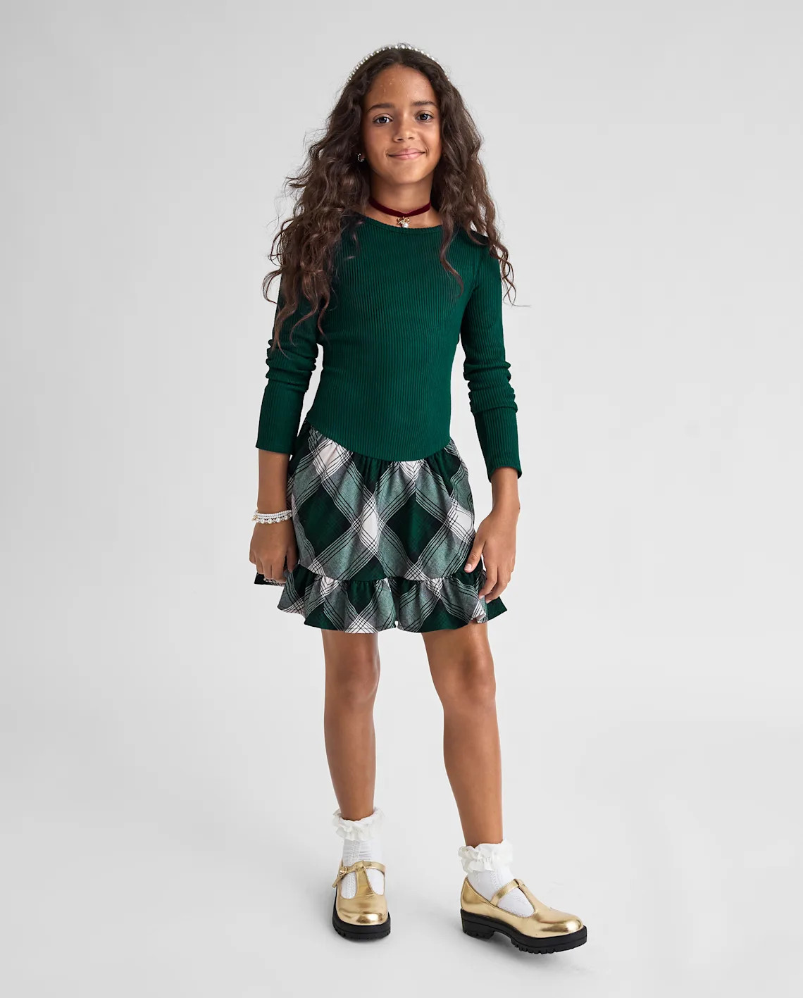 Girls Plaid Ribbed Drop Waist Dress - green | The Children's Place