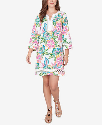 Petite Bold Tropical Solid Trim Shift Dress | Macy's
