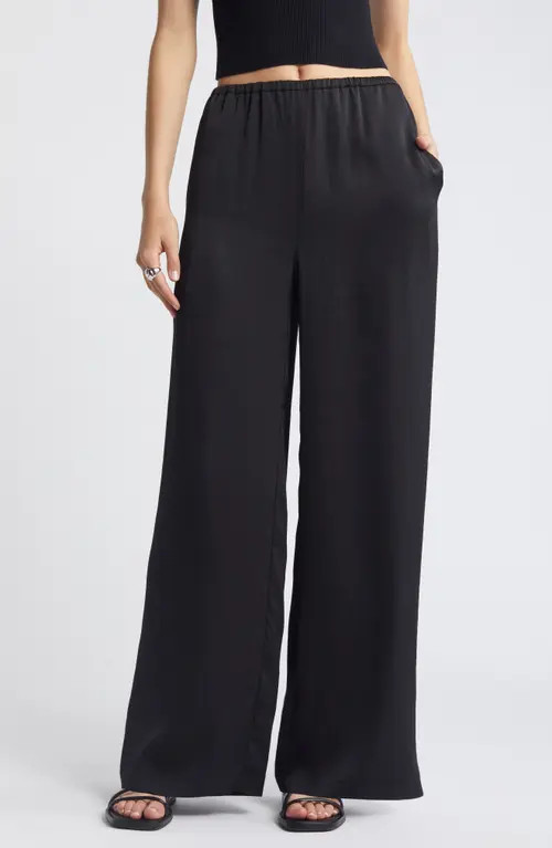 Open Edit Wide Leg Satin Pants in Black at Nordstrom, Size Large | Nordstrom
