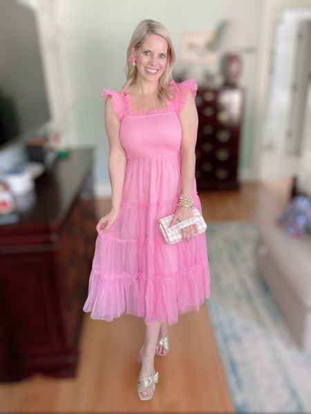 Pink tulle midi dress, wedding guest dress 

#LTKFindsUnder50 #LTKOver40 #LTKFindsUnder100