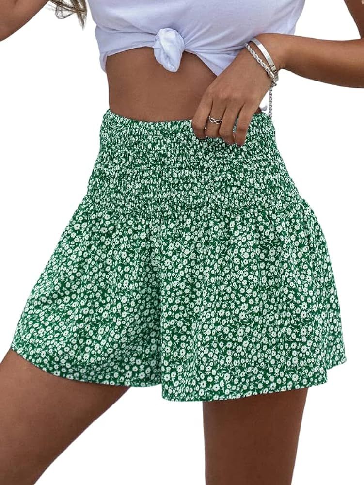 Womens Shorts Casual Elastic High Waist Summer Beach Floral Wide Leg Boho Short | Amazon (US)