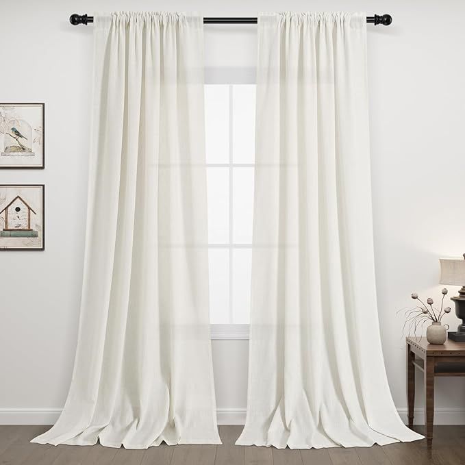 Ivory Linen Curtains 102 Inches Long for Living Room Bedroom 2 Panels Rod Pocket Light Filtering ... | Amazon (US)