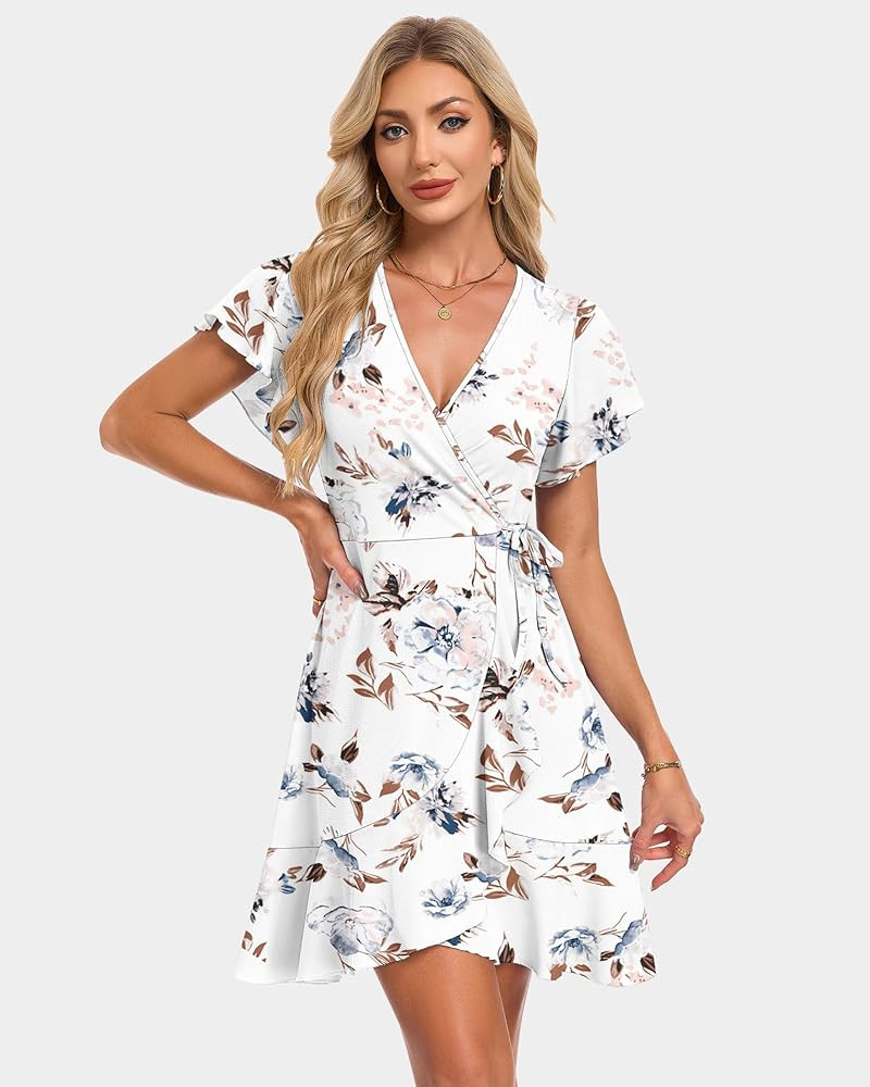 AUSELILY Summer Dresses Wrap Dress for Women Mini Short Flutter Sleeve Casual Sundress V Neck Ele... | Amazon (US)