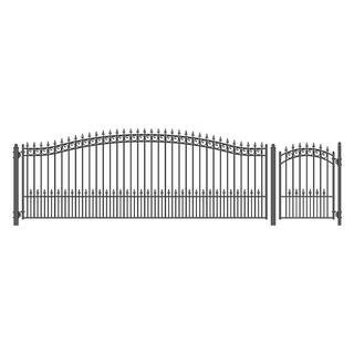 21 ft. x 6 ft. Black Steel Single Swing Driveway Gate Prague Style 16 ft. with Pedestrian Gate 5 ft. Fence Gate | The Home Depot