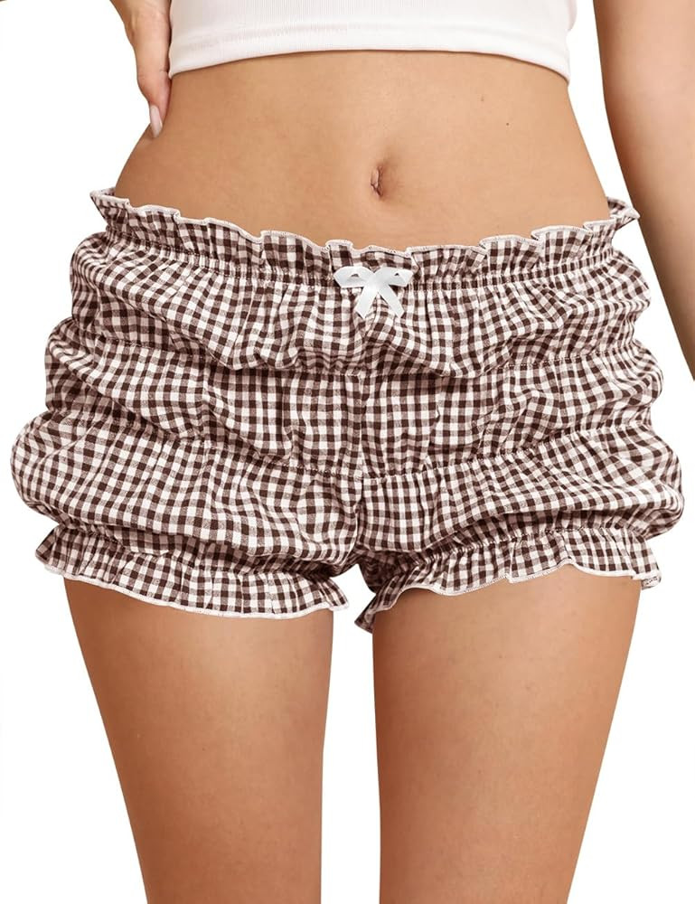 Rapbin Womens Ruffle Bloomer Shorts 2025 Low Rise Y2k Micro Mini Gingham Boxer Lounge Shorts Cute... | Amazon (US)