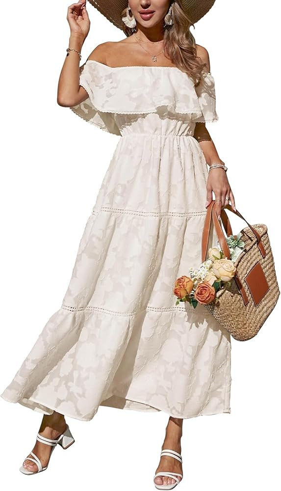 Women's 2024 Summer Dress Off Shoulder High Waist Beach Dress Ruffled Short Sleeve Floral Tiered ... | Amazon (US)