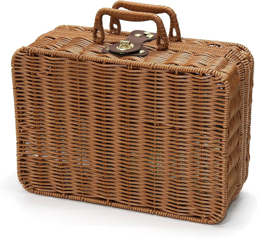 Wicker Picnic Basket, Decorative Prop Suitcase Vintage Storage Hamper Makeup Organizer, Metal Loc... | Amazon (US)