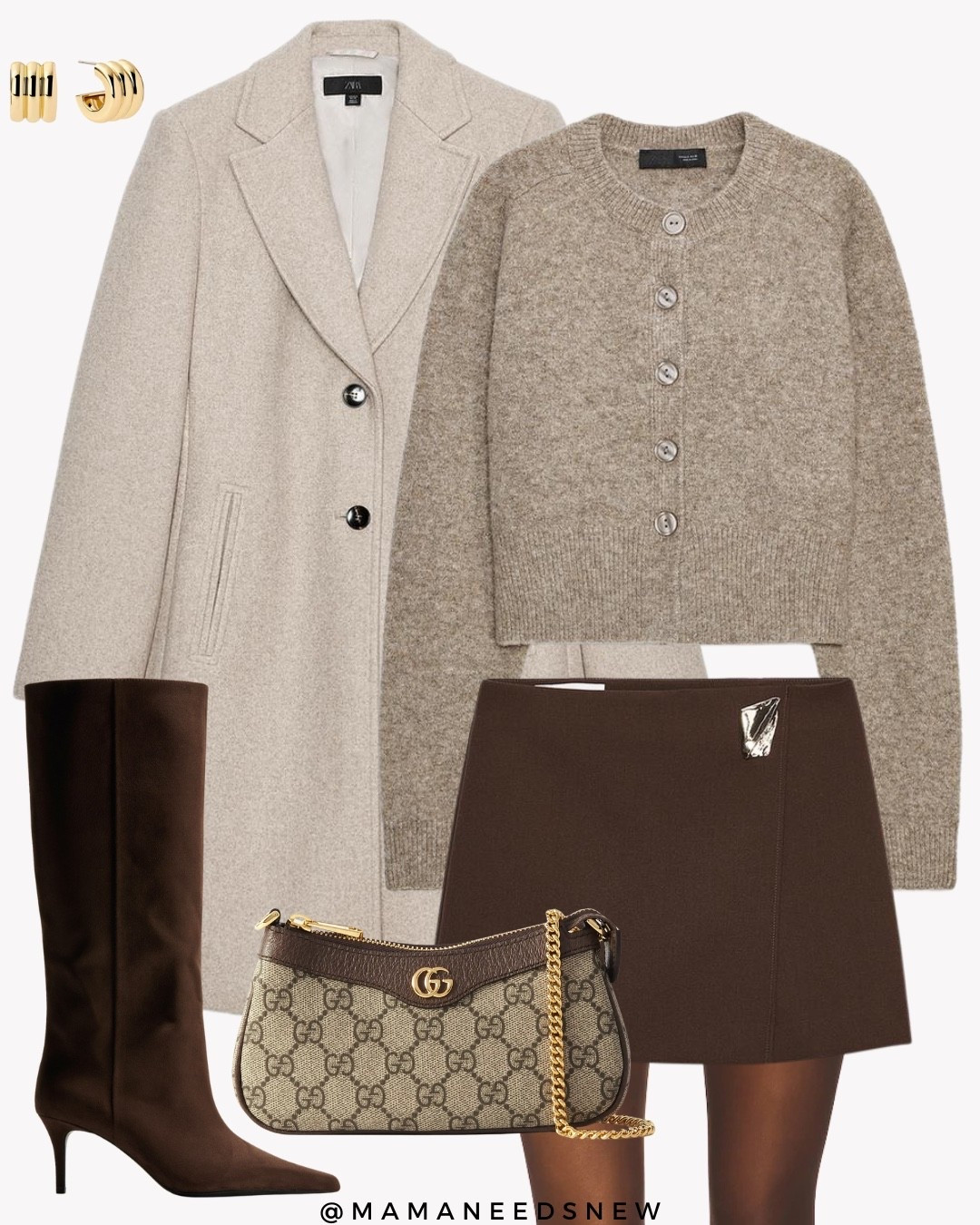A fall outfit with a coat, cardigan, mini skirt, tall boots & shoulder bag 

#LTKStyleTip #LTKItBag #LTKSaleAlert
