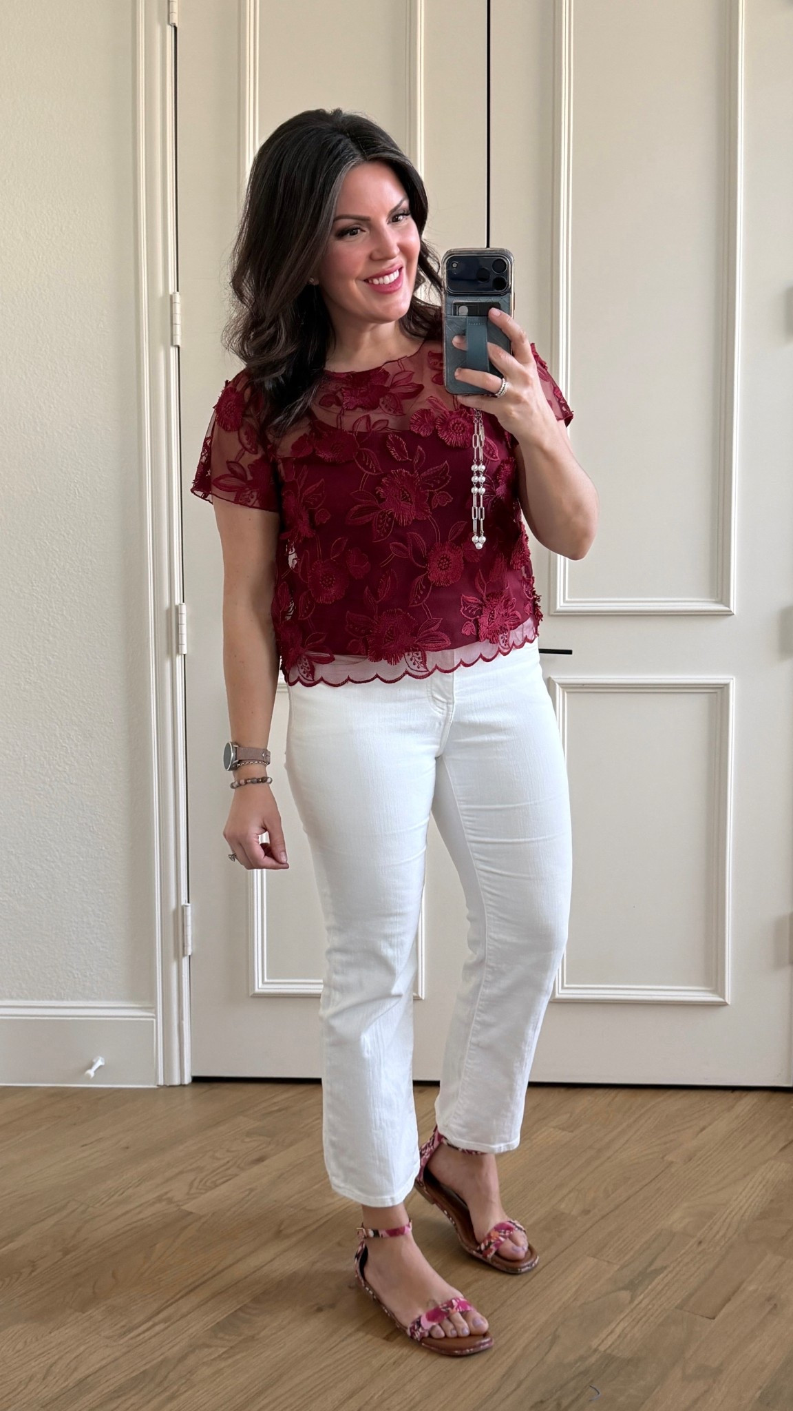 Country club members appreciation in burgundy and soft white. My watch even matches. Could wear this for Easter brunch at someone’s home or swap with nicer bottoms for church. Feels fresh without being pastel  