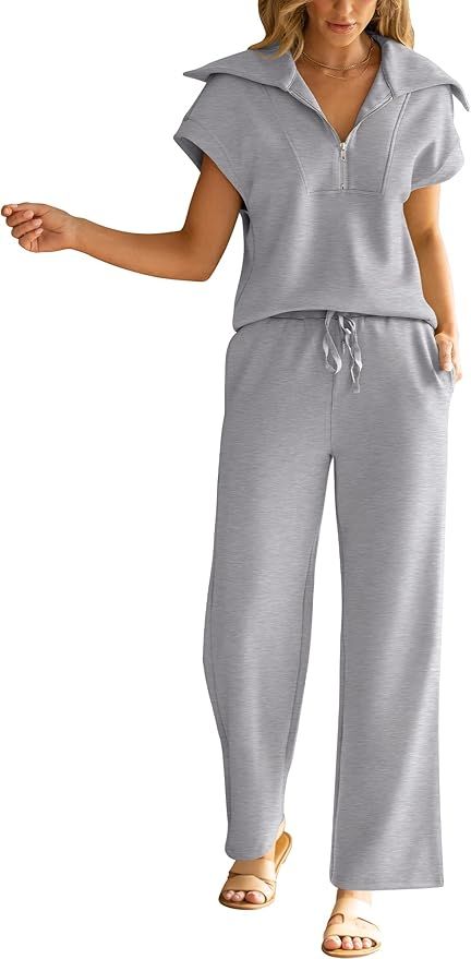 Caracilia Women 2 Piece Sets Summer Outfits Casual Half Zip Sweatshirt Sweat Pants Tracksuits Tra... | Amazon (US)