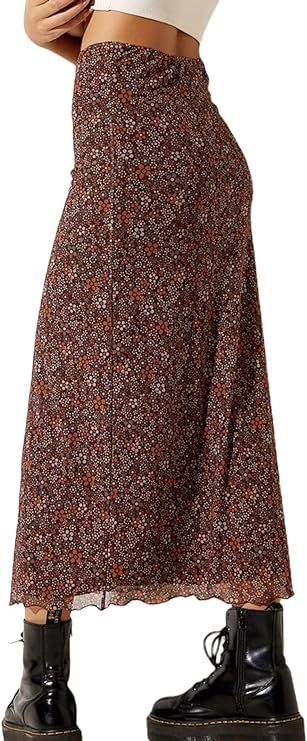 Avanova Women Ditsy Floral Bohemian Mesh Midi Skirt Elastic High Waisted Flowy Summer Long Skirt | Amazon (US)