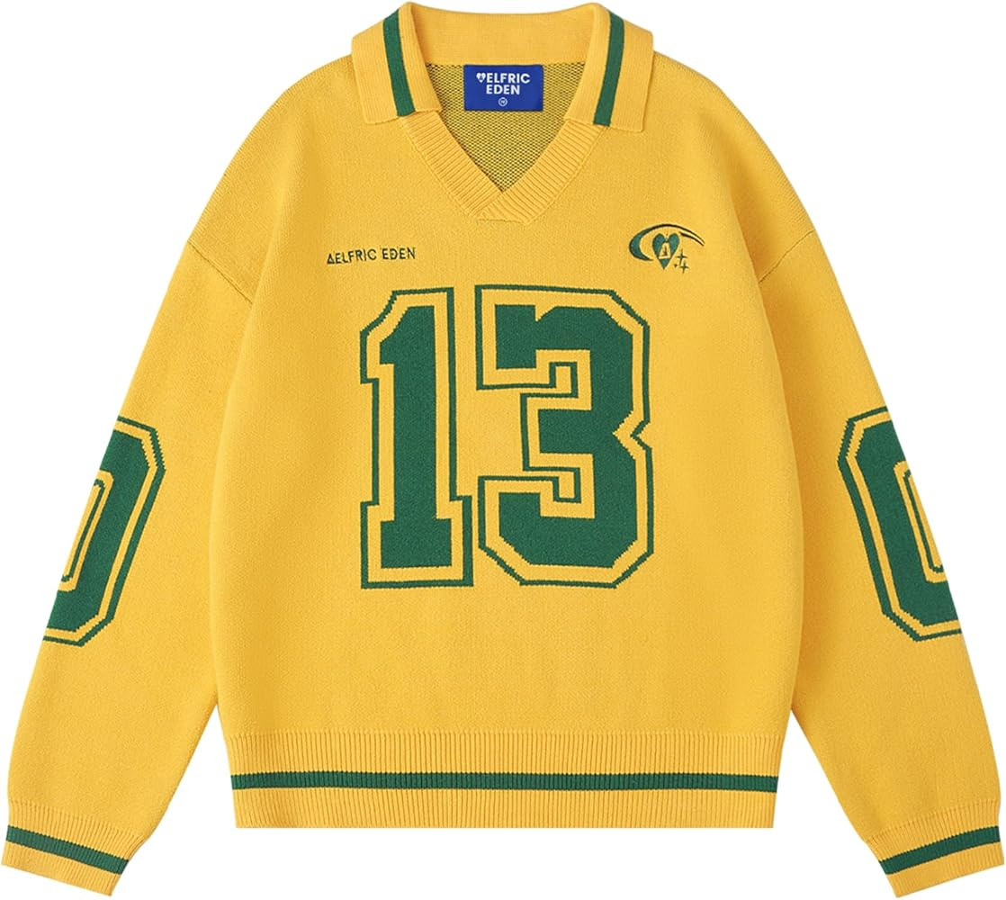 Aelfric Eden Graphic Polo Sweater Women Oversized V Neck Knit Sweaters Y2k Long Sleeve Pullover V... | Amazon (US)