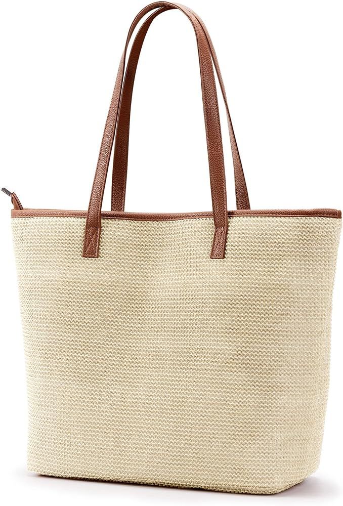 KALIDI Straw Tote Beach Bag Striped Shoulder Handbag Stitch Woven PU Leather Handle Zippe Travel ... | Amazon (US)