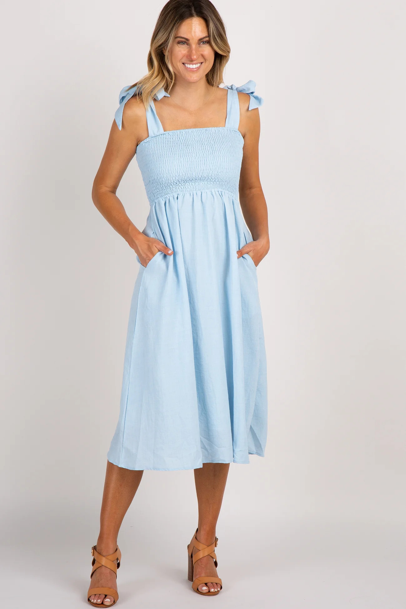Light Blue Strap Tie Smocked Dress | PinkBlush Maternity
