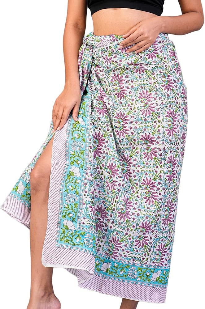 Unique Premium 100% Cotton Swimsuit Beach Sarong Cover Ups for Women Swimwear Pareo Hand Block Pr... | Amazon (US)