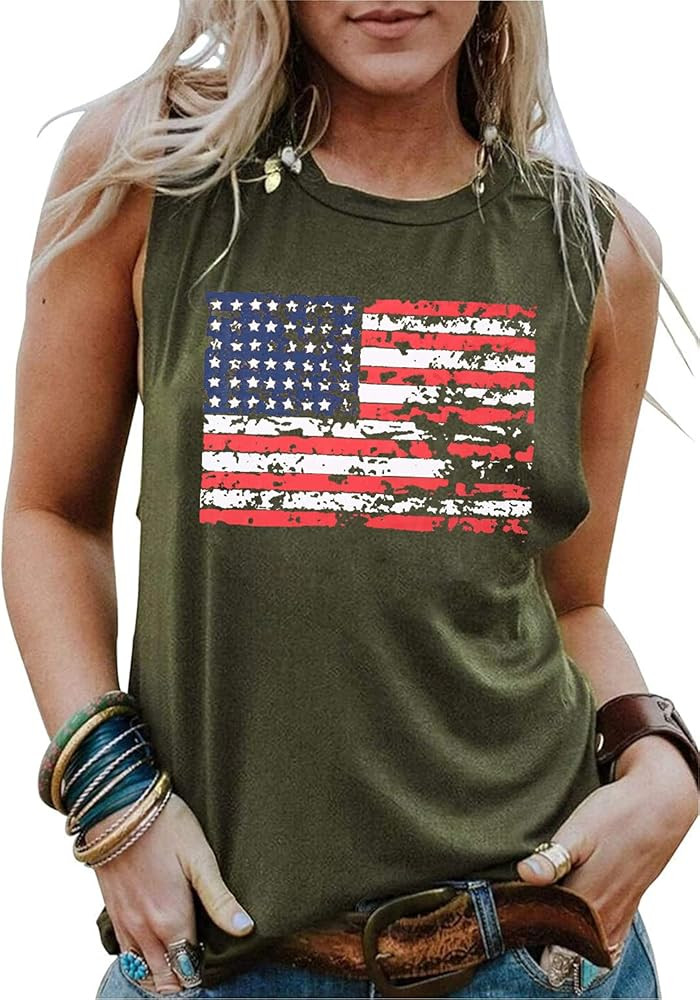 FAYALEQ American Flag Print Tank Tops Women USA Stars Stripes Patriotic T Shirt Summer Loose Vest Te | Amazon (US)