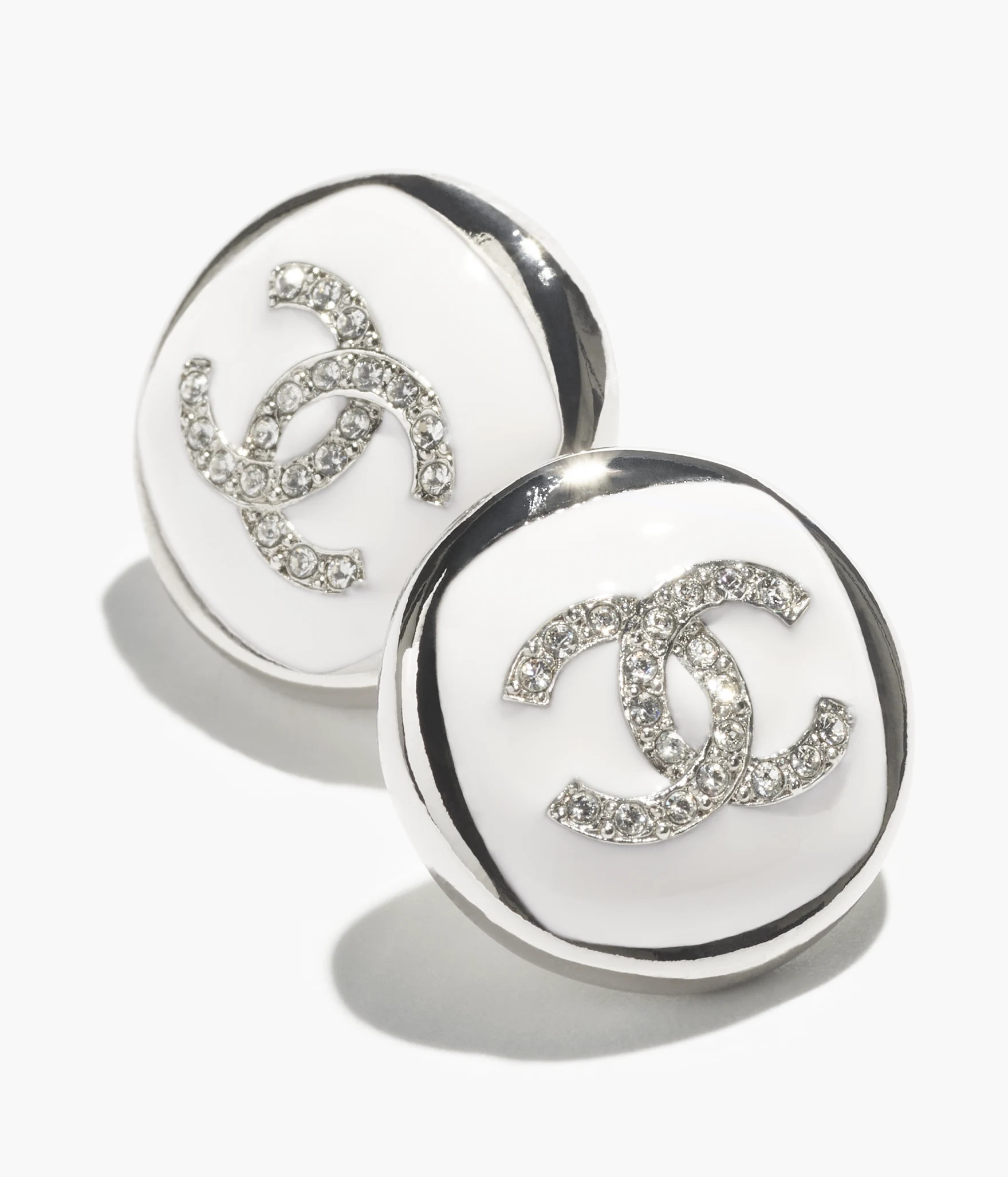 Stud earrings - Metal, resin & strass, silver, white & crystal — Fashion | CHANEL | Chanel, Inc. (US)