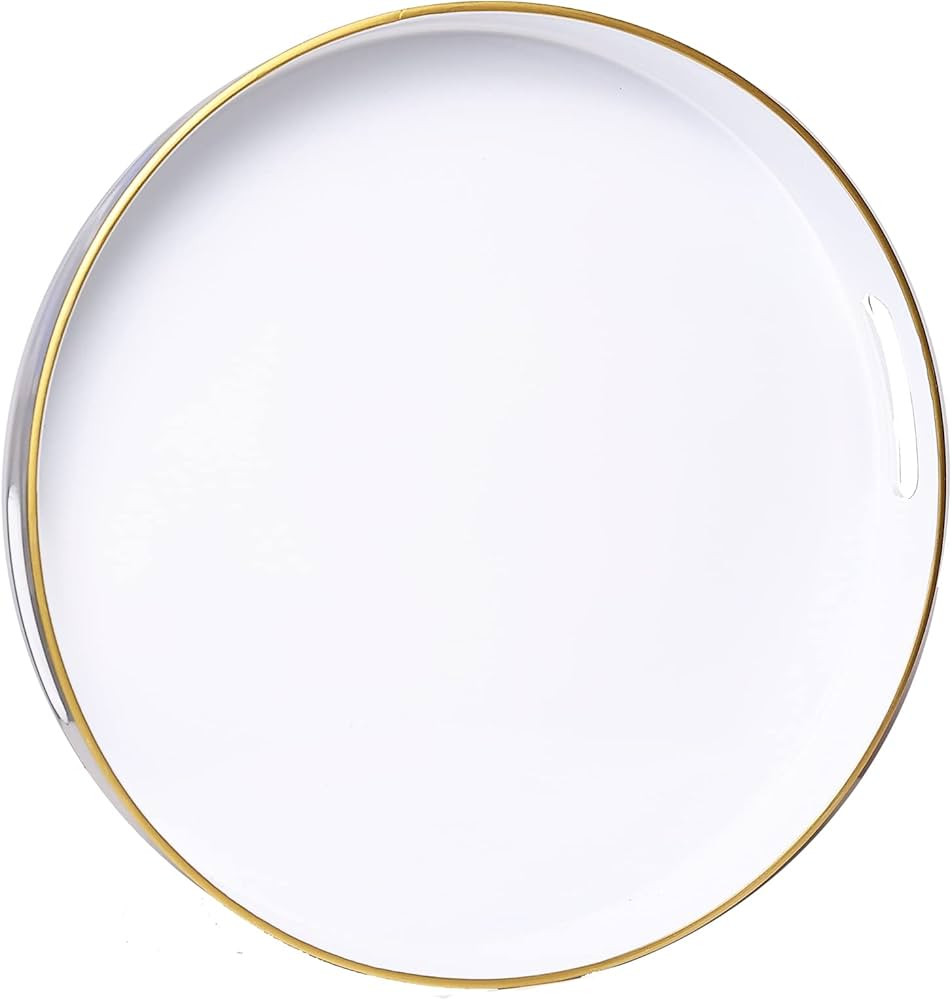 Round White Decorative Tray, 13" Plastic Serving Table Tray with Handles for Breakfast, Round Mod... | Amazon (US)