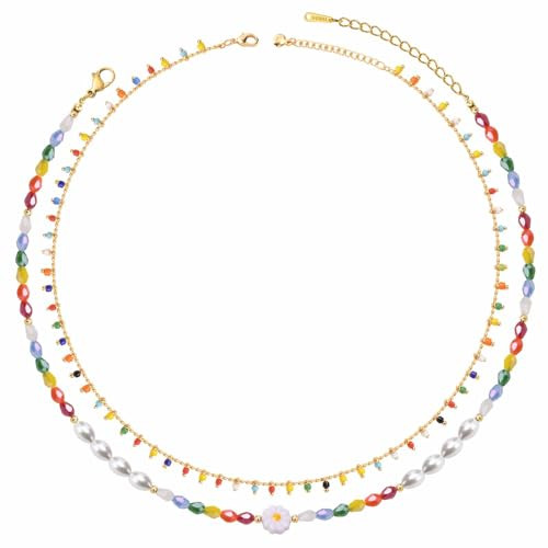 Boho Colorful Beaded Choker Necklaces - 2pcs Summer Layered Chokers Necklace Women Beach Surfer Trendy Jewelry Gifts,Hawaiian Rainbow Flower Bead Necklace Chain Holiday Gift for Her Girlfriend | Amazon (US)