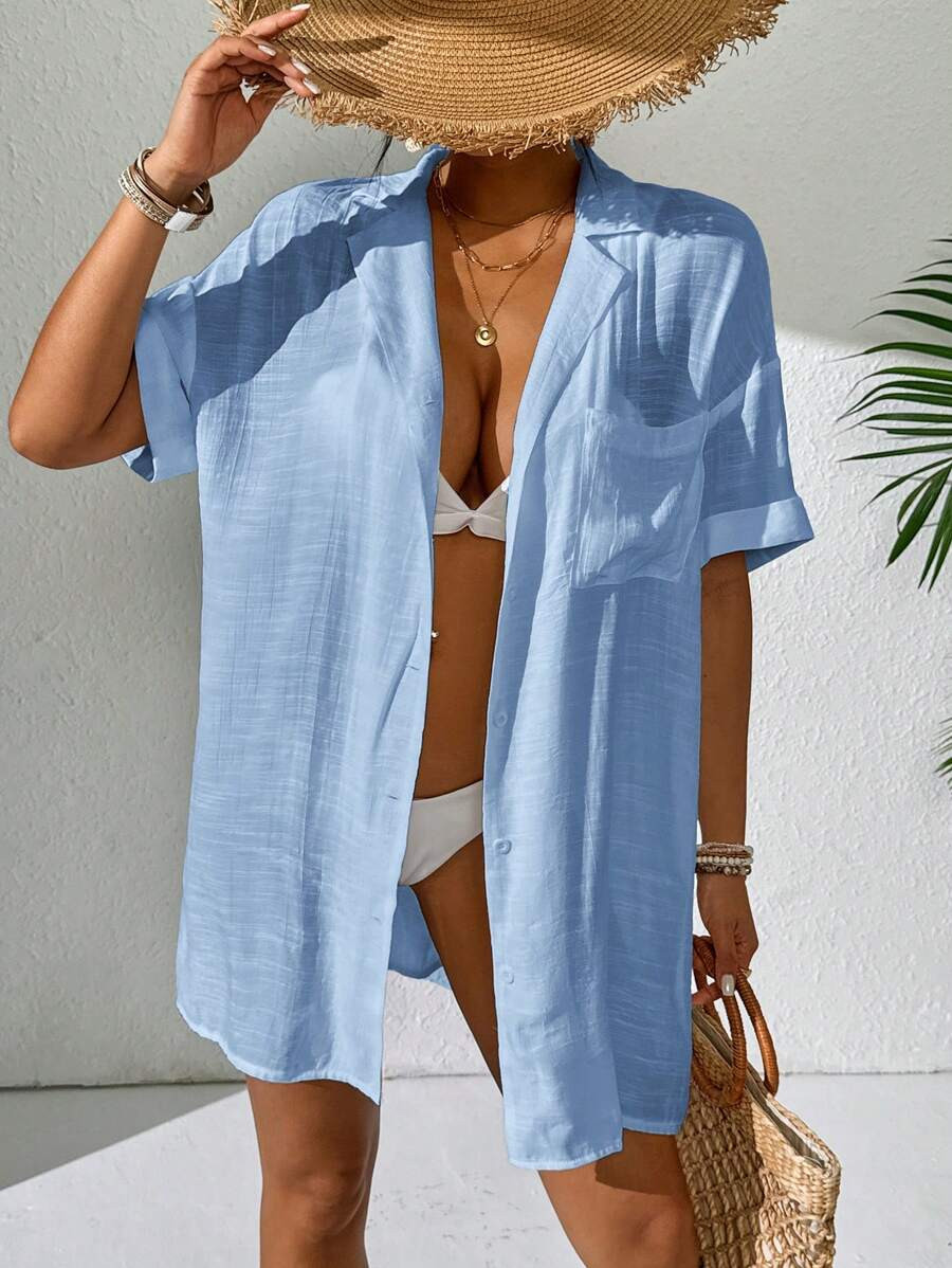 Swim Lushoire Women's Blue Casual Summer Short Sleeve Button-Down Shirt,Elegant Solid Kimono Beac... | SHEIN