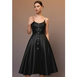 Rhinestone Straps Button-Up Pleated Midi Dress in Black for Cocktail Gathering & Tea Party | Chicwish