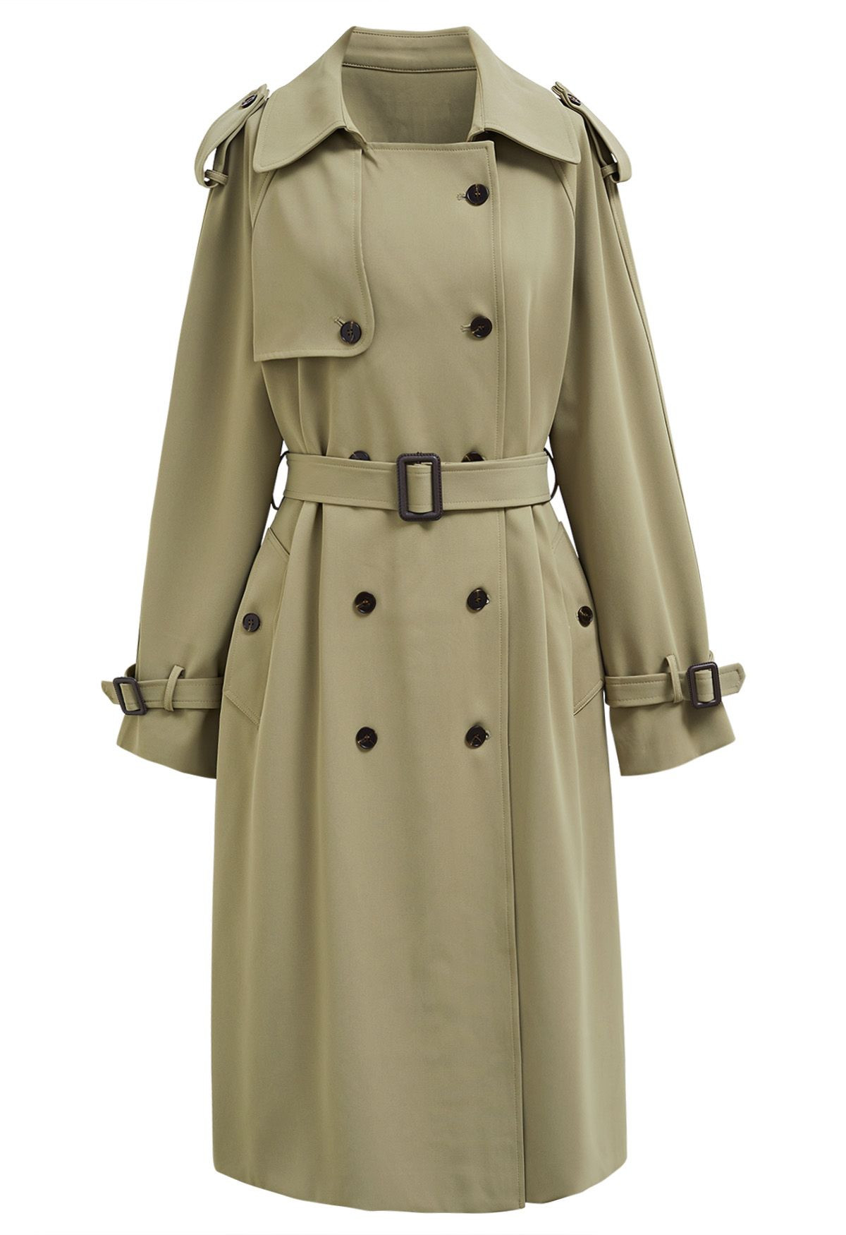 Tailored Double-Breasted Belted Trench Coat in Khaki | Chicwish