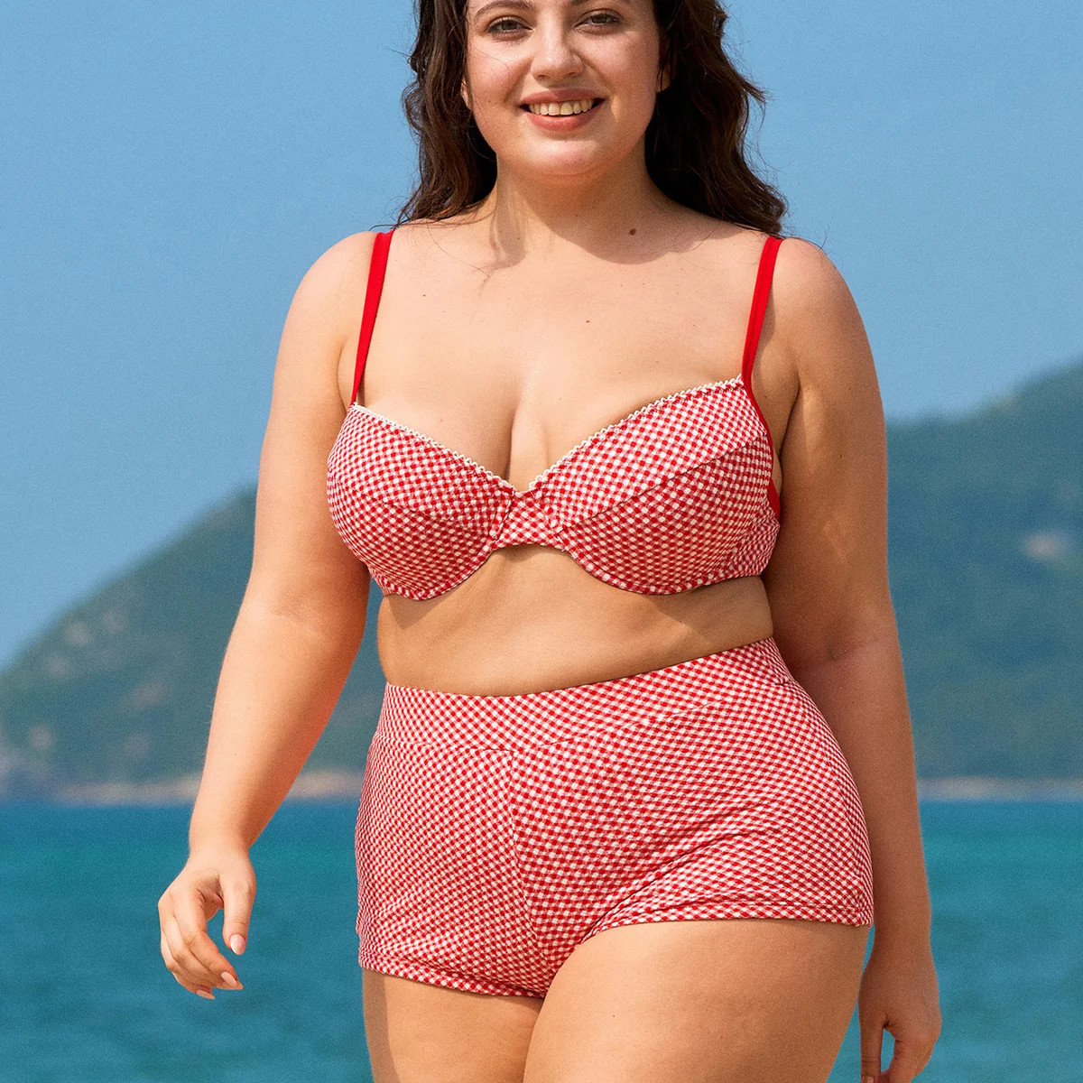 Red Gingham Underwire Plus Size Bikini Top & Reviews - Red - Sustainable Plus Size Bikinis | BERL... | BERLOOK
