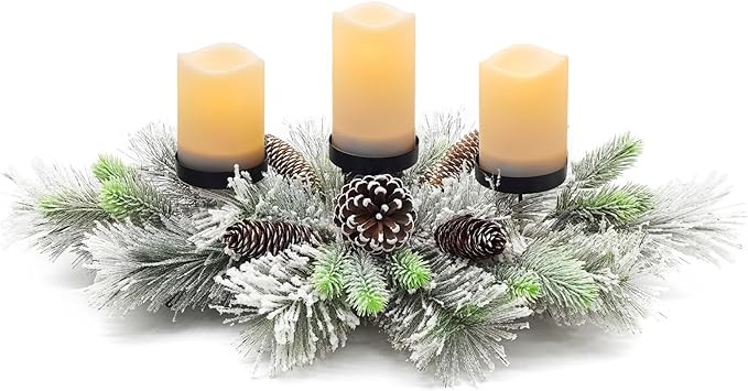 Christmas Centerpiece Table Decorations, Handcrafted Snowy Pine Cones and Pine Needles with 3 Can... | Amazon (US)