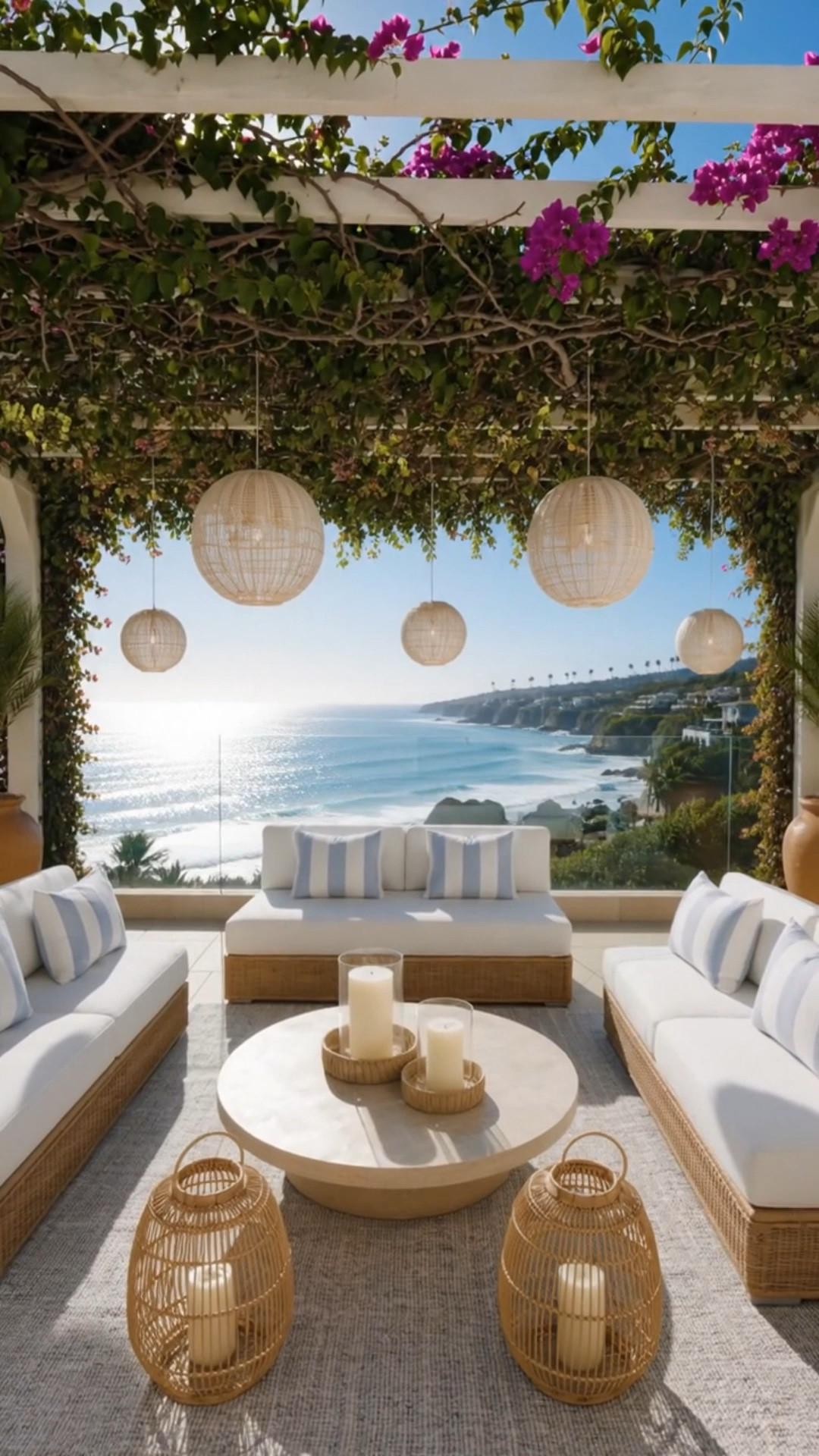 Create a very subtle, photorealistic animation from this still image.

Keep EVERYTHING exactly the same.
Do NOT change the composition, camera angle, furniture, lighting, colors, cushions, rug, coffee table, lanterns, bougainvillea, or architecture.
Do NOT add or remove any objects.
Do NOT generate new details.

Animation only:

• The ocean in the background should have gentle sparkling reflections, with soft shimmering sunlight moving naturally across the water.
• Very subtle ocean movement only—small, calm waves with no dramatic motion.
• The bougainvillea leaves and surrounding greenery may gently sway in a light coastal breeze.
• Flowers should remain almost still, with only an occasional tiny natural movement.
• Hanging lanterns should remain completely still.
• Furniture, pillows, rug, coffee table, candles, planters, glass railing, and building should remain perfectly still.

Camera:
• Locked-off camera.
• No pan.
• No zoom.
• No dolly.
• No rotation.
• No parallax.

Style:
Ultra photorealistic, luxury coastal resort, bright California morning sunshine, crisp 4K quality, Pinterest-ready.
Natural, elegant, calm, and almost imperceptible movement—nothing should look AI-generated.

#LTKdayinmylife #LTKHome #LTKSaleAlert