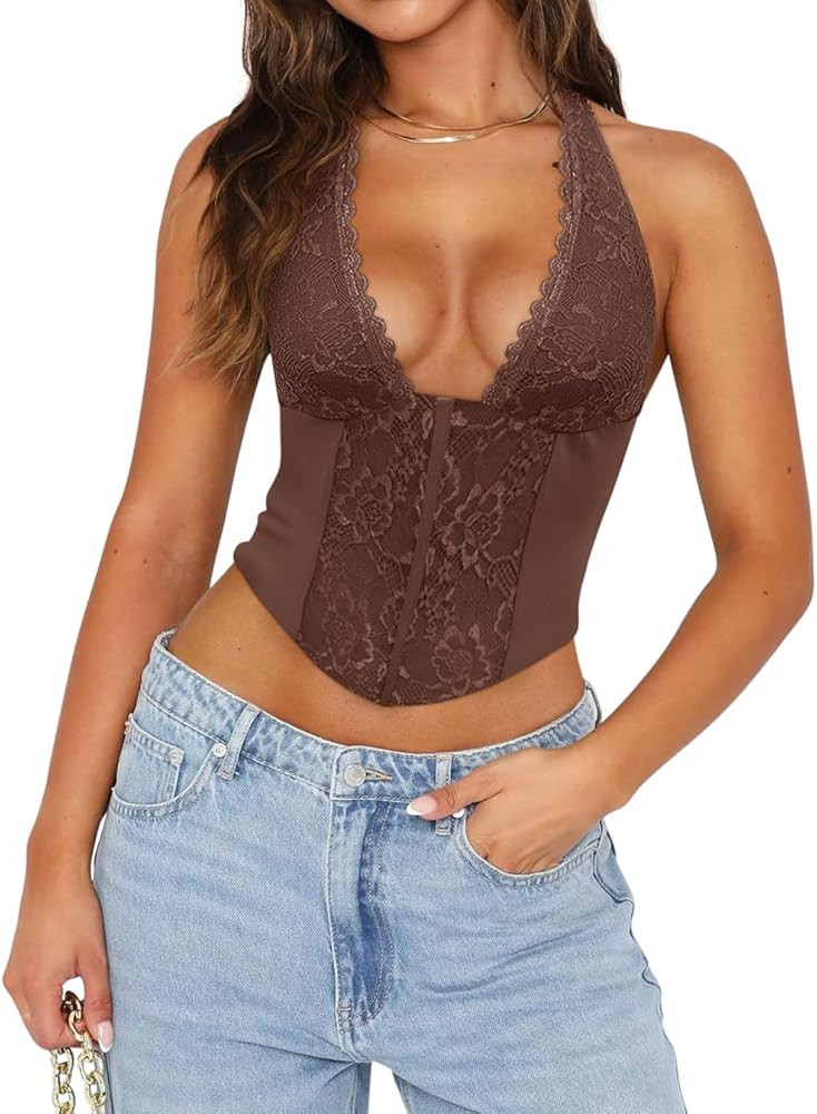 Women Sexy Lace Halter Neck Tank Top Sleeveless Backless Y2k Trendy Going Out Corset Crop Tops | Amazon (US)
