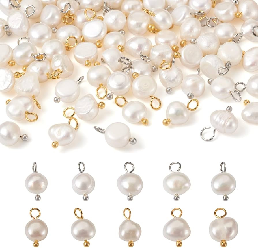 Crafans 80Pcs Natural Freshwater Pearl Charms with Brass Loops Cultured Freshwater Oval Pearl Bea... | Amazon (US)