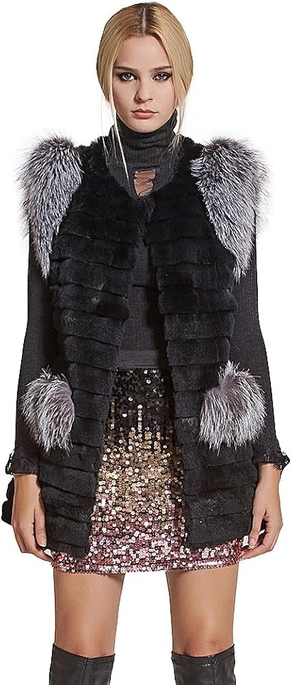 Fur Story Women's Genuine Rabbit Fur Coat With Fox Fur Cuffs Warm Winter Coat Black Long Jacket | Amazon (US)