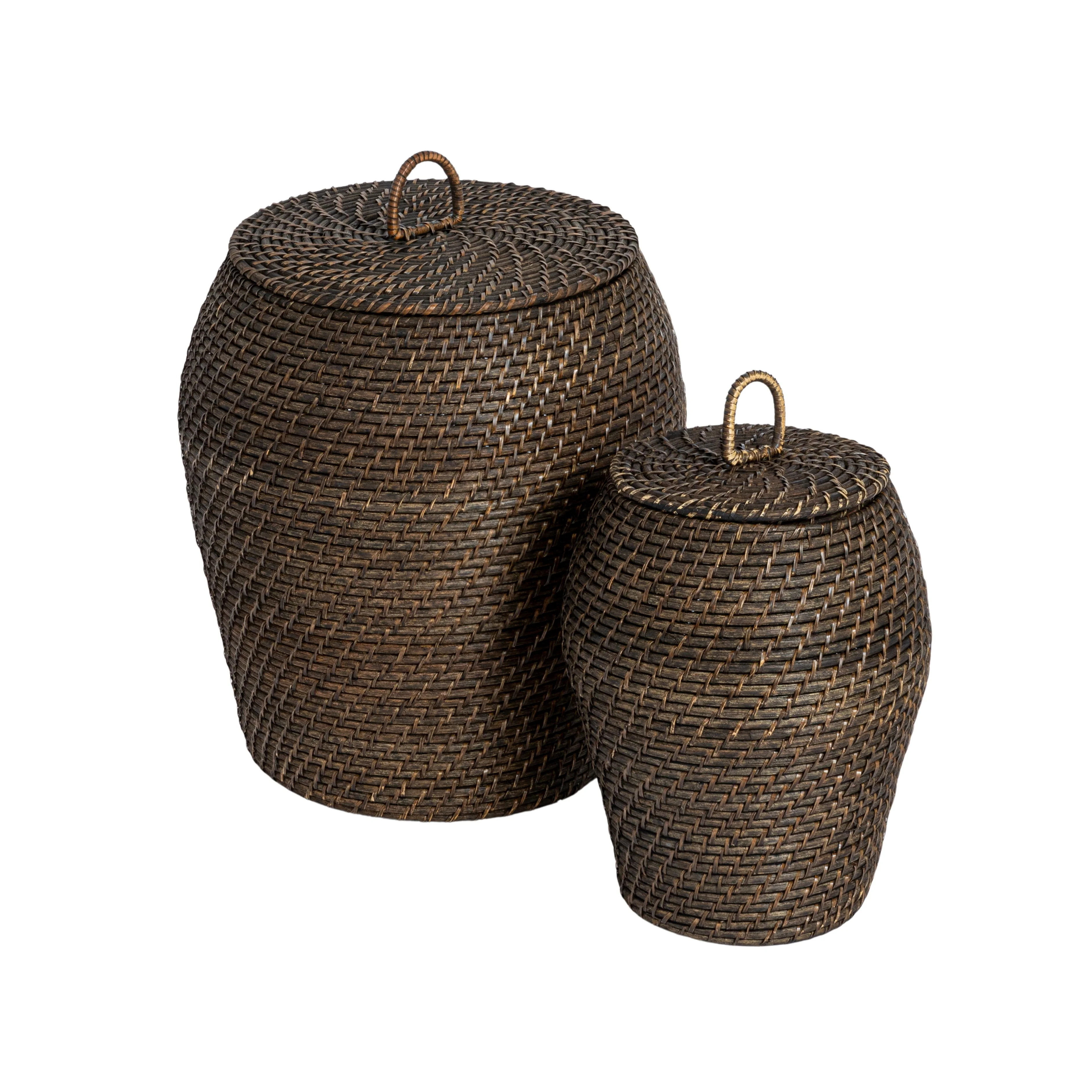 Bloomingville Rattan Wicker Storage Basket with Lid, Washed Black Finish, Set of 2 | Walmart (US)
