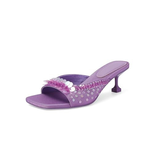 SOVANYOU Purple Sequin Kitten Heels for Women Square Toe Heeled Mules Floral Open Toe Heeled Sandals for Casual Dress | Amazon (US)