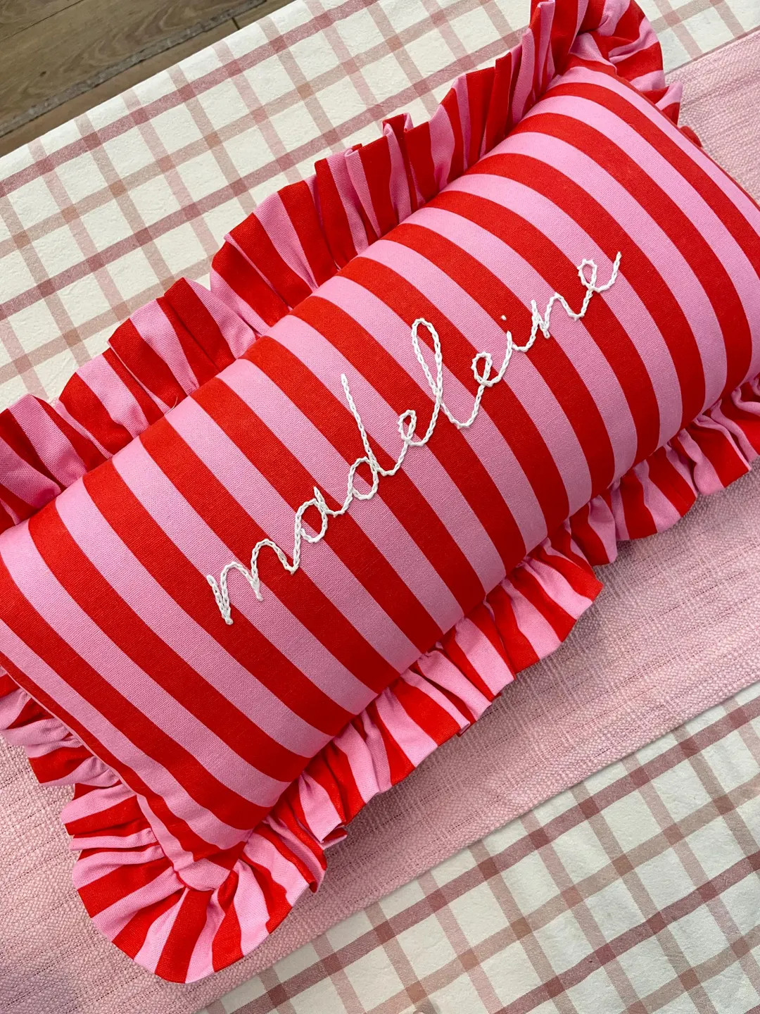 Pink and Red Striped Pillowcase With Personalized Name Hand Embroidered - Etsy | Etsy (US)