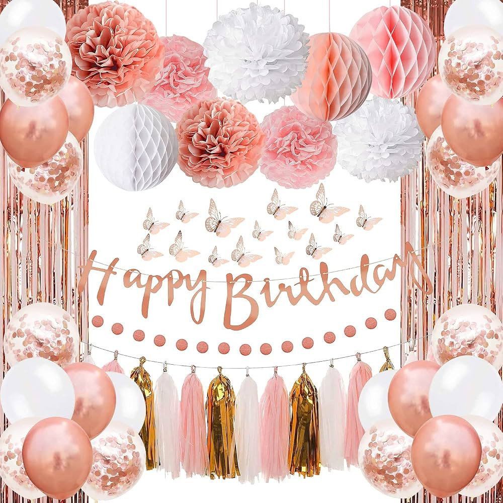 Upgraded Rose Gold Pink Birthday Party Decorations with Happy Birthday Banner,Curtains, Butterfly... | Amazon (US)