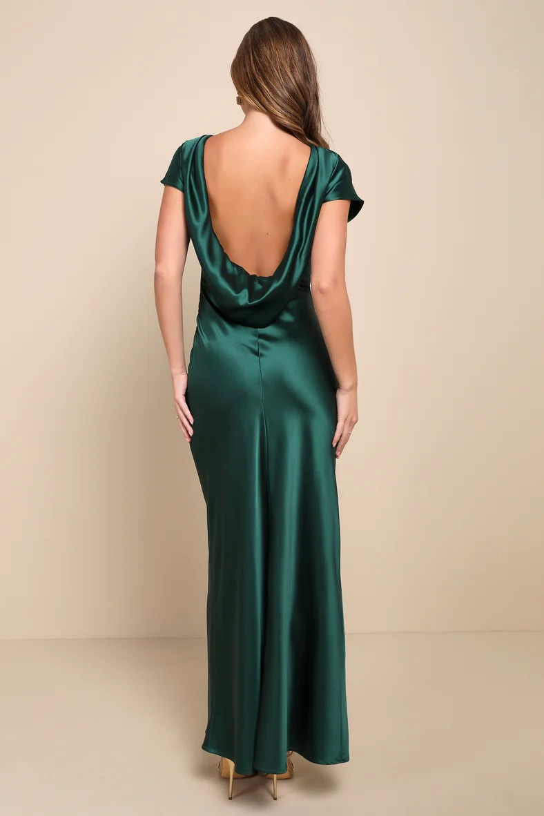 Captivating Presence Forest Green Satin Cowl Back Maxi Dress | Lulus