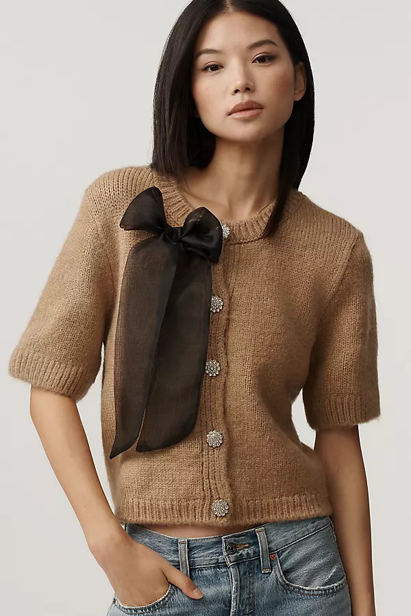 Maeve Short-Sleeve Bow Cardigan Sweater | Anthropologie (US)