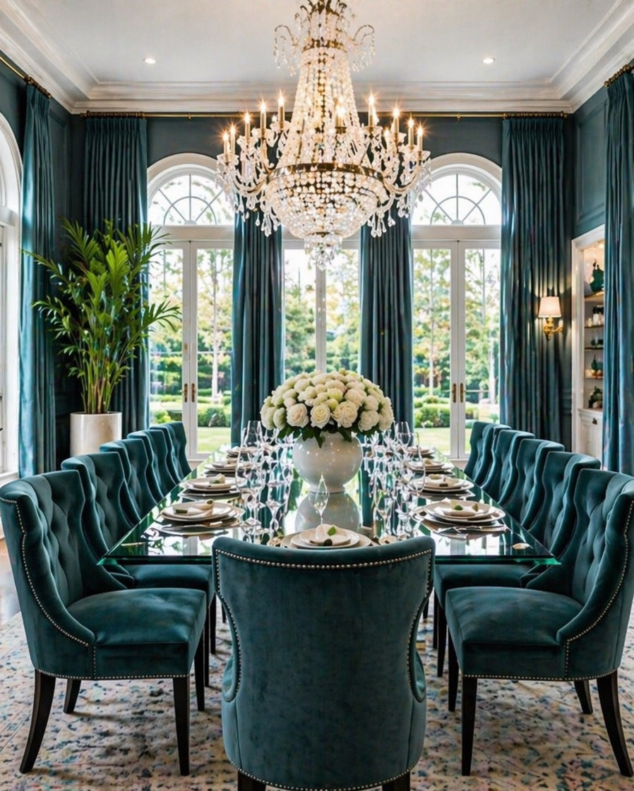 Teal Luxury Dining Room with Crystal Chandelier & Velvet Chairs

This is what elevated living feels like. Rich teal walls, velvet dining chairs, and a statement crystal chandelier create a space that instantly commands attention. The glass table reflects every detail—from the soft glow of candlelight to the sculptural bouquet of white roses—while French windows flood the room with natural light. Every element is intentional, refined, and designed to impress the moment guests walk in.

#LuxuryDiningRoom #TealInterior #HighEndHome #ChandelierDesign #VelvetChairs #ElegantLiving #InteriorInspo #DiningRoomGoals #LuxuryHomeDecor #LTKHome #StatementLighting #ModernClassic #UpscaleLiving #HomeInspiration #DesignerStyle

#LTKHome #LTKvlog