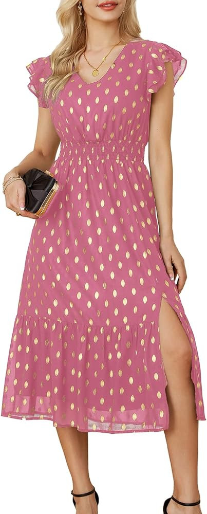 GRACE KARIN Women's V Neck Ruffle Sleeve Summer Dress 2023 Split Flowy Tiered Midi Dress Wedding ... | Amazon (US)