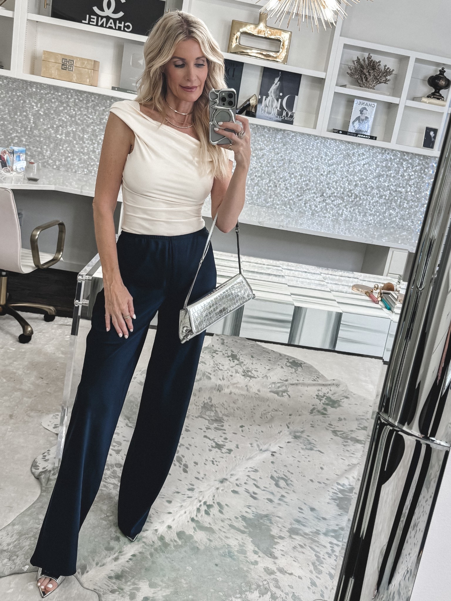 Chic summer night-out look 🤍 These stunning navy satin pants by Reformation feel like pajamas but look so elevated and polished ✨
I’m wearing an XS in the pants and an XS in the top, both fit TTS 

 

#LTKootd #LTKSeasonal #LTKOver40