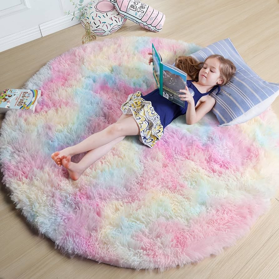 Rainbow Fluffy Rugs for Girls Bedroom 4ft,Unicorn Room Decor,Pastel Round Rug for Kids, Shag Carp... | Amazon (US)
