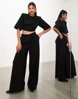 ASOS EDITION boxy crop top with exaggerated shoulders and wide leg pants in black | ASOS (Global)