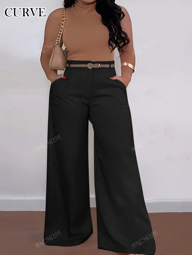 ANCHOSE Plus Size Women High Waist Pocket Design Flare Pants, Casual Loose Fit, Early Autumn | SHEIN