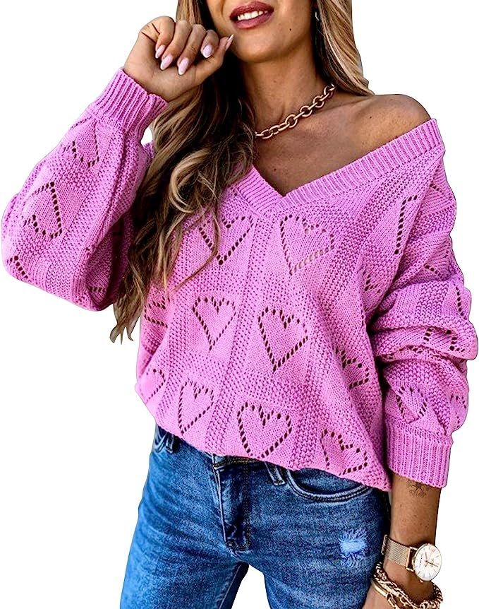 EXLURA Women's V-Neck Hollow Out Sweater Hearts Printed Knitted Pullovers Loose Oversized Solid C... | Amazon (US)