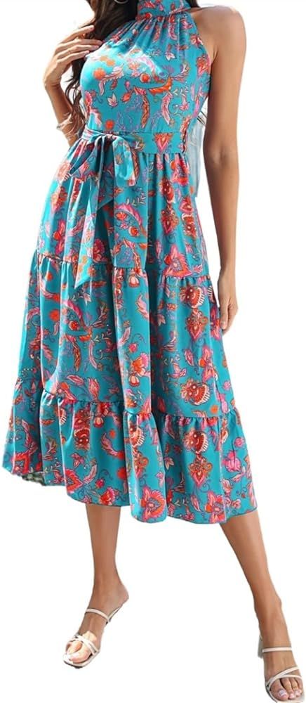 Women's Summer Floral Dress, A-line Halter Long Sleeveless Lace-Up Flowy Ruffle Bounce Long Boho ... | Amazon (US)