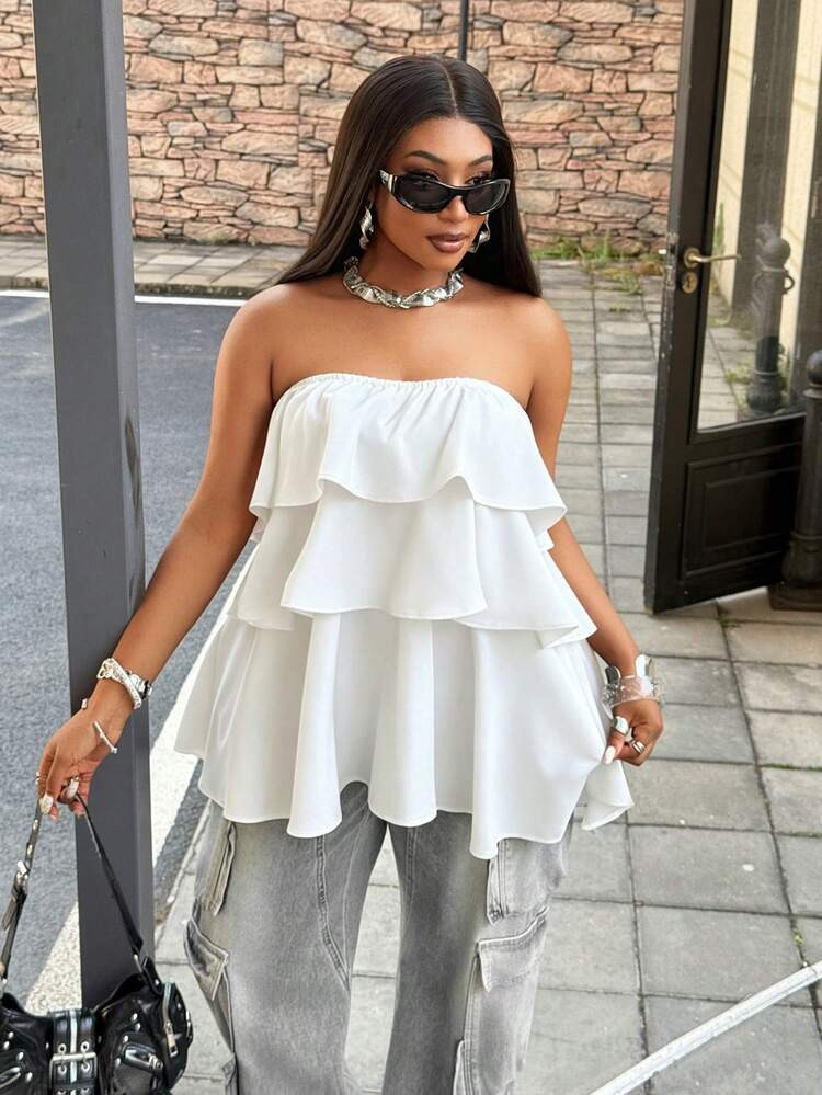 Maweii Plus Size Women Solid Color Multi-Layer Ruffle Hem Wrap Crop Top | SHEIN