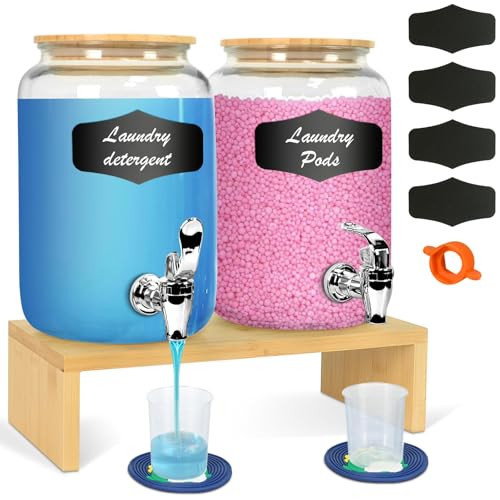 2PCS 1Gallon Glass Laundry Detergent Dispenser Set with Bamboo Lids and Stand - Liquid Soap and Fabric Softener Dispensers with Spigots, Cups, Labels and Mats, Laundry Room Organization and Storage | Amazon (US)